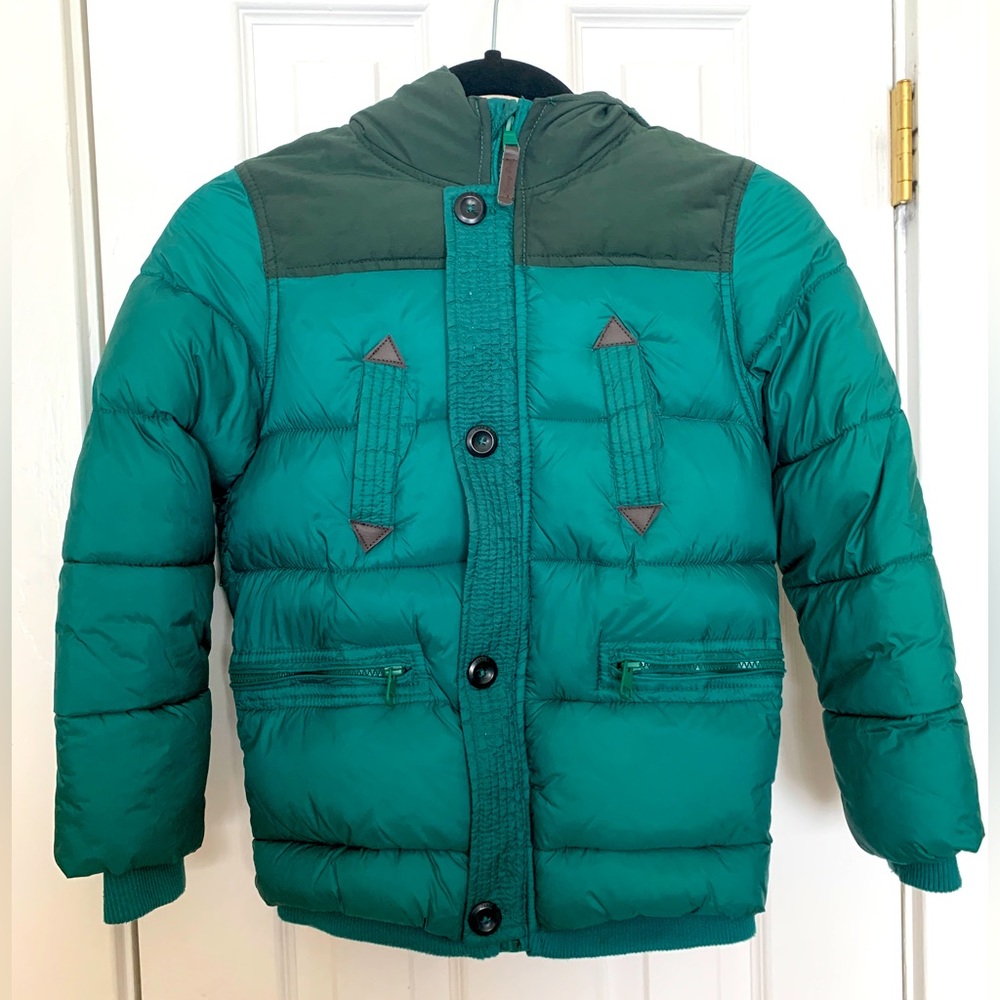 Zara Kids Boys Green Puffer Winter Snow Hooded Jacket Sz 7/8 128cm